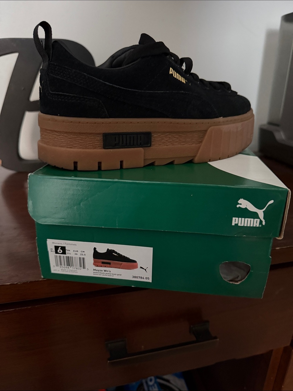 Puma Black Suede Platform Sneakers with Brown Gum Sole